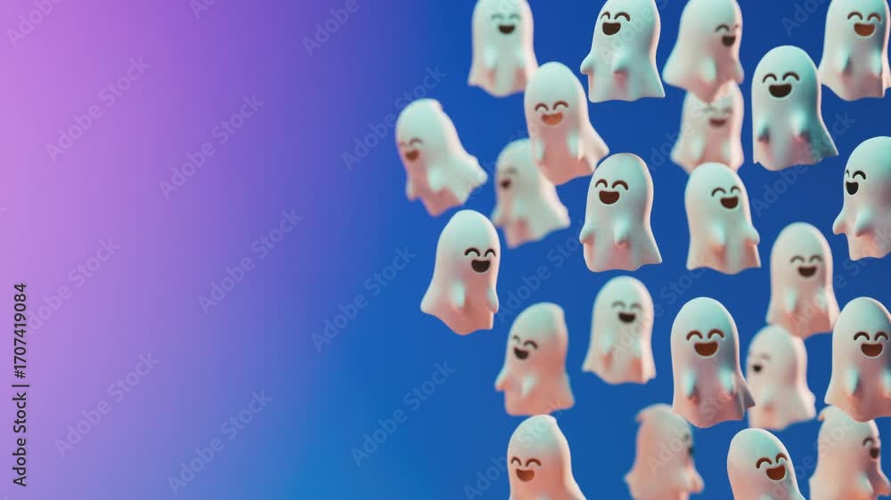 Poster happy halloween looping video with floating ghosts on a gradient background and copy space in 3d ani