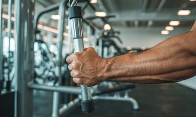 Close-up of a person's hand gripping a gym machine's handle.  Muscular arm and hand are in focus, while the gym equipment and background are out-of-focus