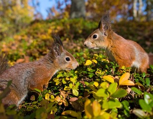 Obraz premium Two red squirrels in autumn foliage