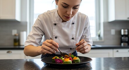 Culinary expert in a white uniform garnishing a beautifully presented dish before serving in a fine dining restaurant