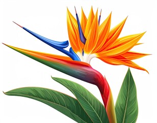 Vibrant bird of paradise flower, detailed illustration, bright colors, bold shapes