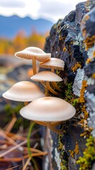 Close-up of cluster of light beige mushrooms growing on a dark, textured rock face. Autumnal foliage and mountains in the background