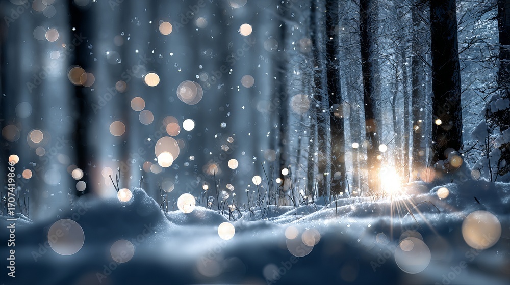 Poster dreamy winter snowy forest background with large soft bokeh lights glowing orbs abstract festive blu