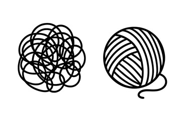 Chaos and order, messy and tidy. Tangled and untangled yarn. Metaphor for problem solving, business, psychology, therapy, confusion and clarity, stress and calm.