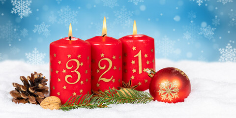 Third 3rd Sunday in advent with burning candle Christmas card time winter background with copyspace copy space panorama