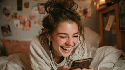 Woman is laying on her bed with her phone in her hand, smiling and laughing