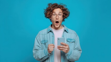 Man with glasses and a blue jacket is holding a cell phone