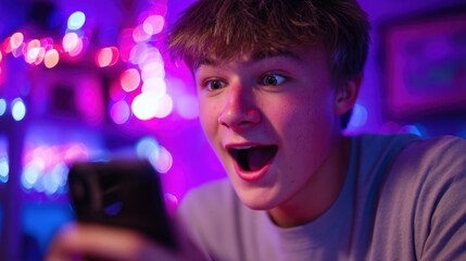 Young man is playing a video game and is excitedly looking at the screen