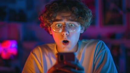 Young man is holding a cell phone and looking at it with wide eyes