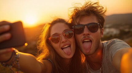 Couple is taking a selfie with a cell phone, with the man holding the phone
