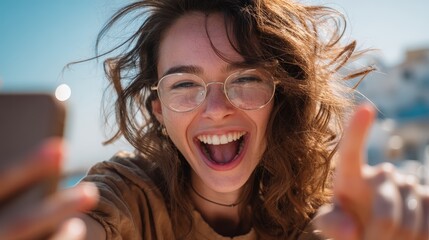Woman with curly hair and glasses is smiling and holding a cell phone