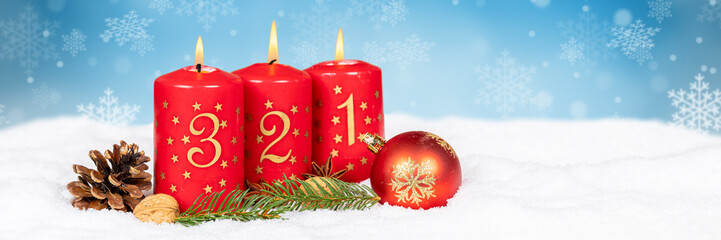Third 3rd Sunday in advent with burning candle panorama Christmas card time winter background with copyspace copy space