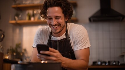 Man is smiling while looking at his cell phone in a kitchen