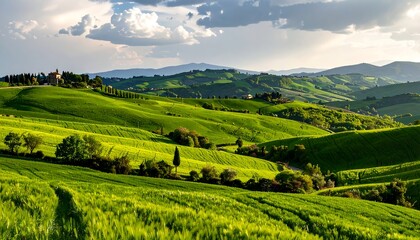 Rolling green hills under a dramatic sky