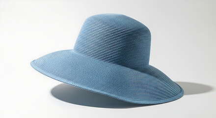A light blue, ribbed sun hat with a wide brim, floating against a clean white background