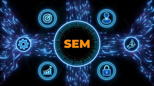 SEM Search Engine Optimization Marketing Ranking concept for website.Data moving on Circuit Board background.