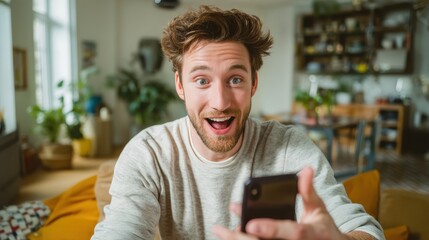 Man is holding a cell phone and smiling