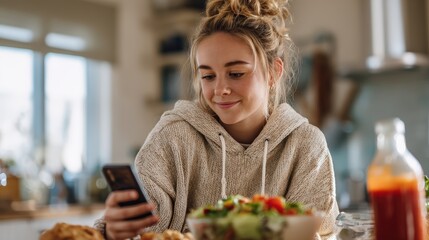 Young woman is sitting at a table with a bowl of salad and a bottle of ketchup