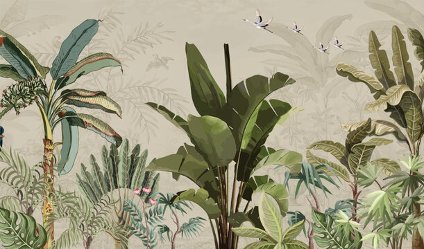 Tropical forest with peacock, parrot, palm tree, plants, dark jungle seamless pattern illustration.