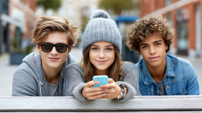 Happy teenagers sit outdoors, with one holding a smartphone, symbolizing modern youth, social connection, and digital communication. - Powered by Adobe