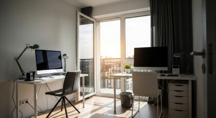 Modern home office with patio doors, showcasing a bright, sunlit workspace