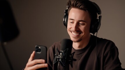 Man is smiling while holding a cell phone and wearing headphones