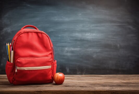 A bright red backpack sits on a rustic wooden table, with an apple nearby, set against a blurred chalkboard background, evoking school vibes - Powered by Adobe