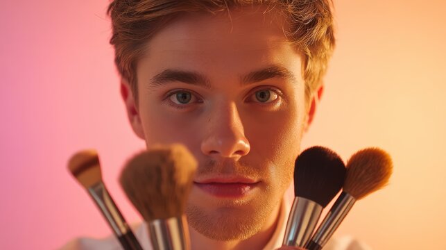 Man is holding a bunch of makeup brushes in his hand