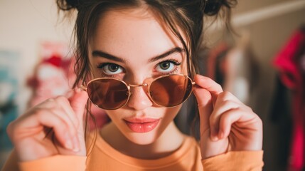 Woman is wearing sunglasses and holding them up to her face