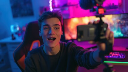 Young man is taking a picture of himself with a cell phone