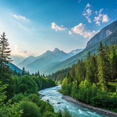 Obraz premium Beautiful mountain landscape with river and green forest 