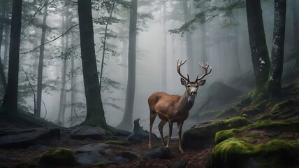 Deer Rock Cave Forest A deer standing near a natural rock cave opening in a misty forest creating a mysterious wildlife scene