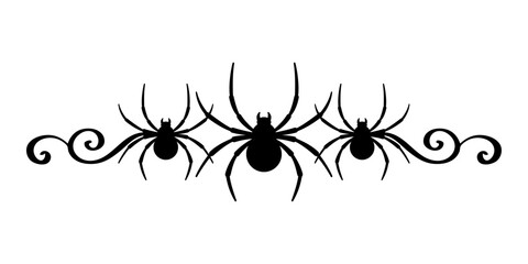 Logo con silueta de arañas con filigrana caligráfica. Silueta con florituras para tarjetas y felicitaciones de Halloween © teracreonte