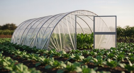 Fototapeta premium A clear plastic greenhouse sits in a field of leafy green plants. Sunlight streams in