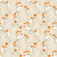 Seamless vector pattern with elegant orange berries and white leaves on soft beige background. Stylish botanical design for fabric, wallpaper, packaging and wrapping