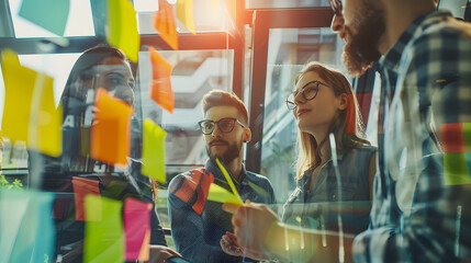 a group of young creative people brainstorming with sticky notes on a glass wall in a modern office, bright light, innovative atmosphere, cinematic 16:9