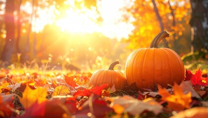 Two ripe pumpkins are placed on autumn leaves while sunlight shines brightly through the trees in the background
