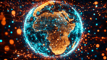 Digital globe with glowing network connections highlighting Africa against a cosmic background