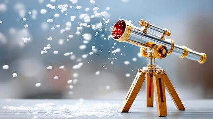 Small telescope, snow,  winter wonderland.  Detailed view of a small telescope on a wooden tripod, with falling snow particles