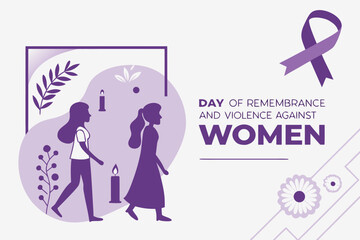 Day of Remembrance for Violence Against Women. Purple ribbon, candlelight, and silhouettes symbolizing hope and awareness. Flat vector illustration.

