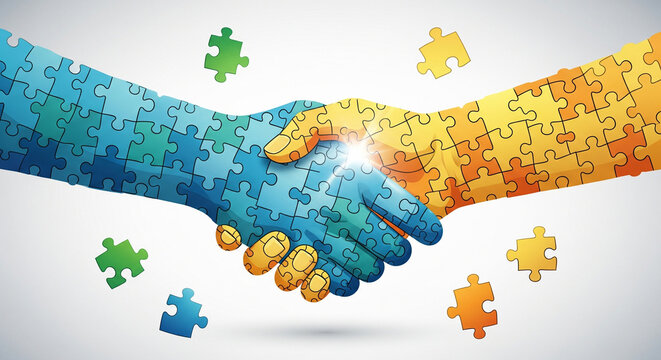 Symbolic illustration of handshake made from puzzle pieces symbolizing teamwork, cooperation, unity, and collaborative solutions