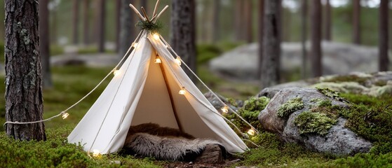 Small canvas tent with string lights in a forest with a fur rug