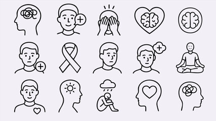 Line icons mental health awareness support brain care mindfulness