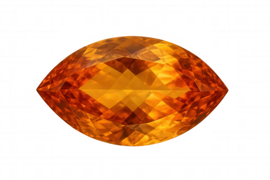 Close-up of a marquise cut citrine gemstone, sparkling with warm orange hues, isolated on a transparent background