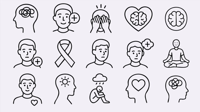 Line icons mental health awareness support brain care mindfulness