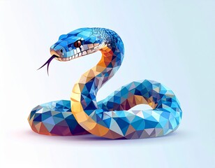 A vibrant, colorful snake created in a modern low poly geometric style. The coiled reptile's scales form a beautiful mosaic, symbolizing transformation and creativity.