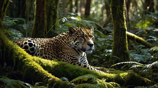 Jaguar Forest Art A minimalist design of a jaguar resting on a mossy forest floor with sunlight and shadow - Powered by Adobe