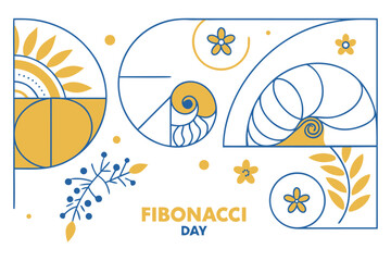 Fibonacci Day celebration. Golden spiral, sequence numbers, and natural patterns in a harmonious abstract design. Flat vector illustration.