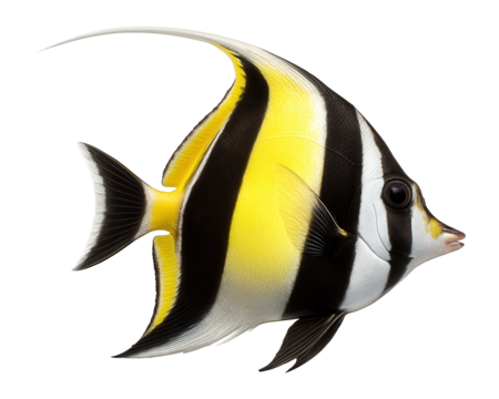 Moorish idol fish with long dorsal fin and black stripes