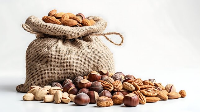 Burlap Bag Filled with Mixed Nuts and Scattered on White